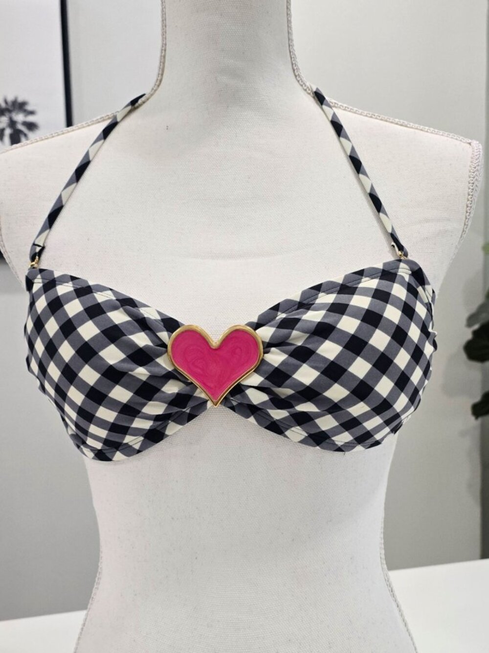 Sofia by ViX Gingham Halter Bikini Top Black White Check Pink Heart Accent M - Picture 2 of 9